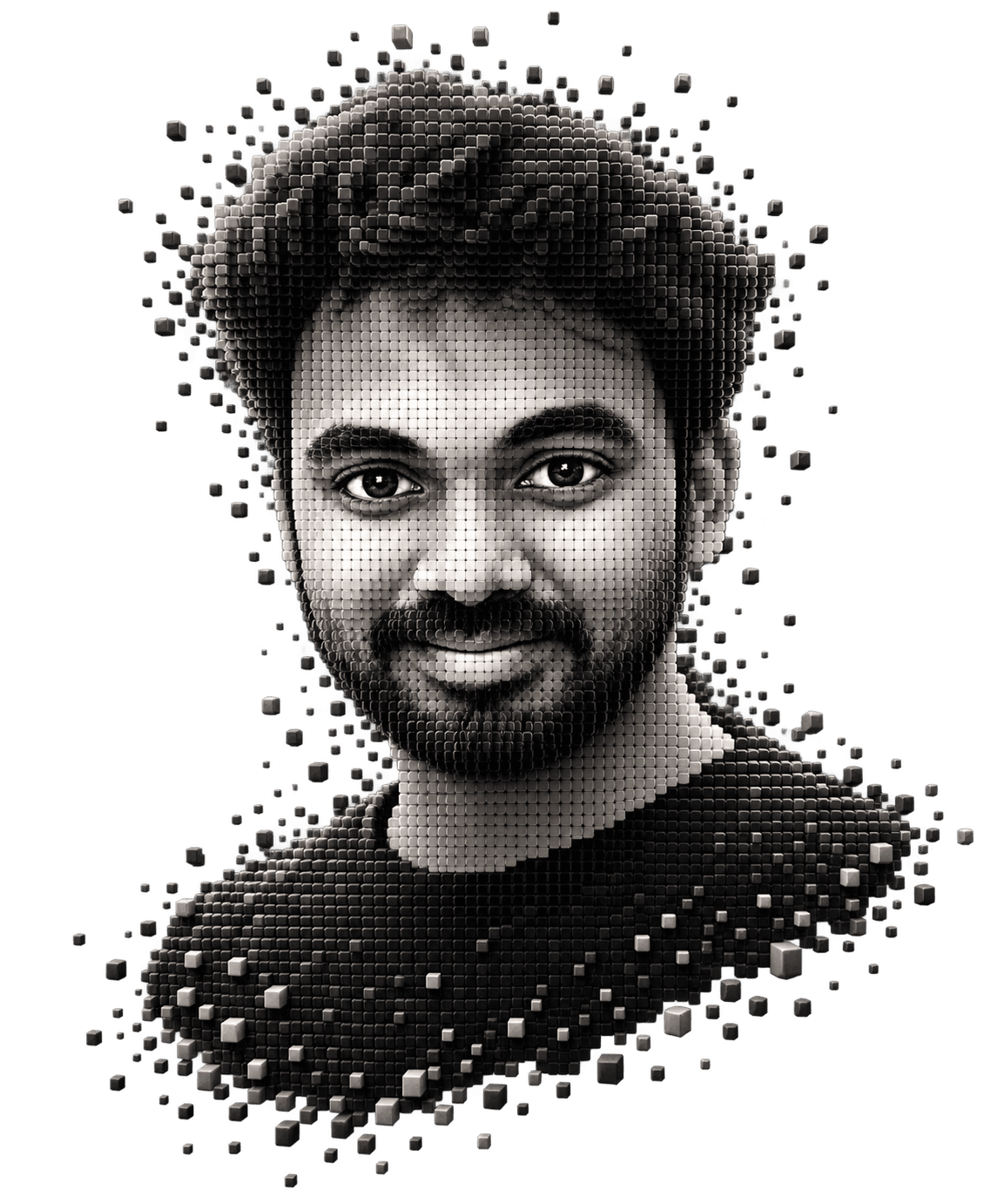 Geometric monochrome portrait of DePixel's founder, rendered as a field of cube-like voxels dissolving into particles at the edges.